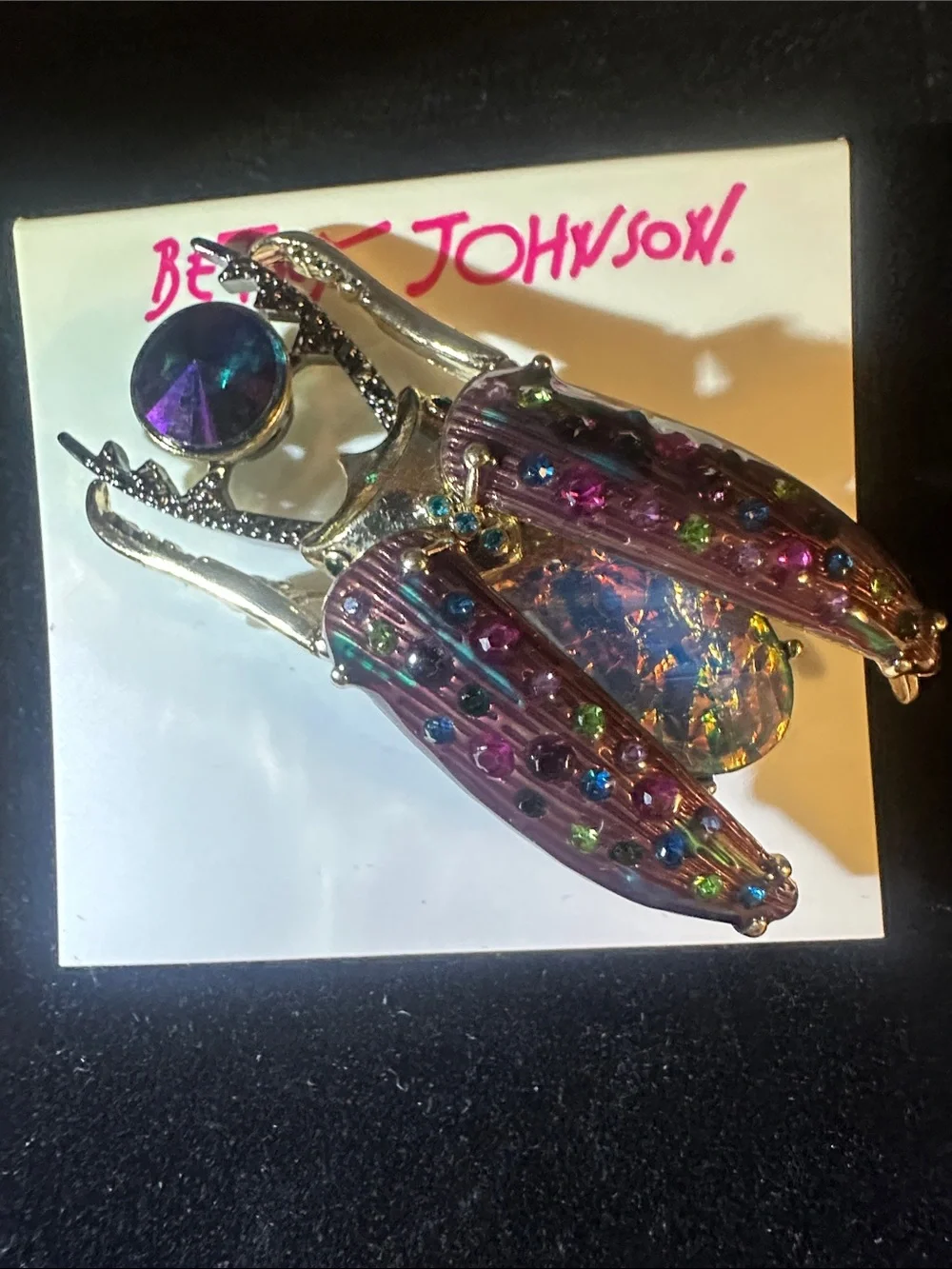 Betsey Johnson Purple Iridescent Beetle Brooch with Multicolor Crystals